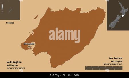 Shape of Wellington, regional council of New Zealand, and its capital. Distance scale, previews and labels. Composition of regularly patterned texture Stock Photo