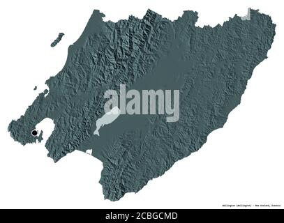 Shape of Wellington, regional council of New Zealand, with its capital isolated on white background. Colored elevation map. 3D rendering Stock Photo