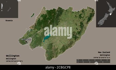 Shape of Wellington, regional council of New Zealand, and its capital. Distance scale, previews and labels. Satellite imagery. 3D rendering Stock Photo