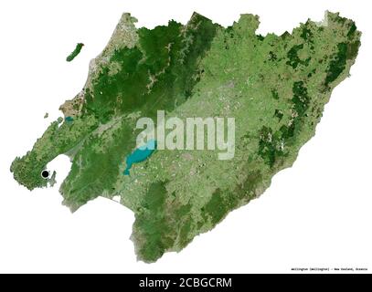 Shape of Wellington, regional council of New Zealand, with its capital isolated on white background. Satellite imagery. 3D rendering Stock Photo