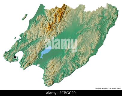 Shape of Wellington, regional council of New Zealand, with its capital isolated on white background. Topographic relief map. 3D rendering Stock Photo