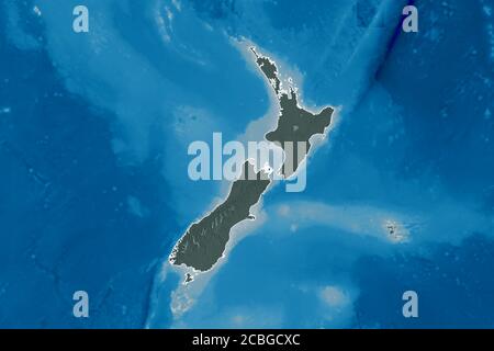 Extended area of outlined New Zealand. Colored elevation map. 3D rendering Stock Photo