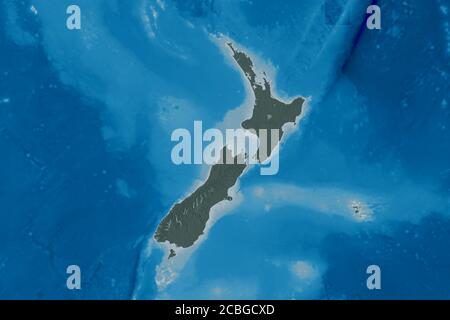 Extended area of New Zealand. Colored elevation map. 3D rendering Stock Photo