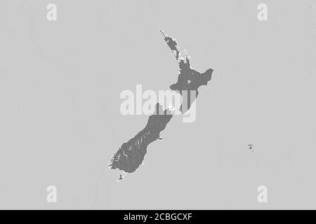 Extended area of outlined New Zealand. Bilevel elevation map. 3D rendering Stock Photo