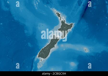 Extended area of New Zealand with country outline, international and regional borders. Colored elevation map. 3D rendering Stock Photo