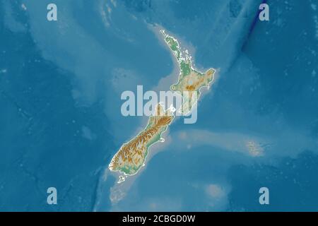 Extended area of outlined New Zealand. Topographic relief map. 3D rendering Stock Photo