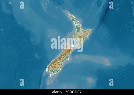 Extended area of New Zealand with country outline, international and regional borders. Topographic relief map. 3D rendering Stock Photo