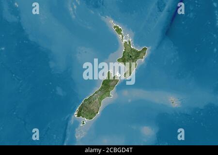 Extended area of outlined New Zealand. Satellite imagery. 3D rendering Stock Photo