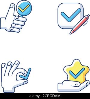 Review checkmark RGB color icons set Stock Vector