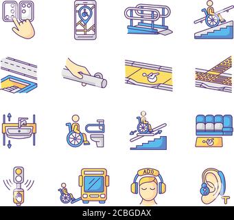Accessibility facilities RGB color icons set Stock Vector