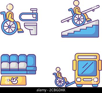 Wheelchair users facilities RGB color icons set Stock Vector