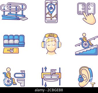 Facilities for people with disabilities RGB color icons set Stock Vector