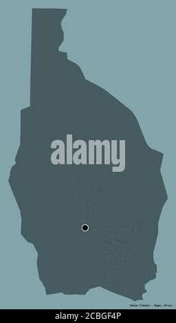 Shape of Tahoua, department of Niger, with its capital isolated on a solid color background. Colored elevation map. 3D rendering Stock Photo