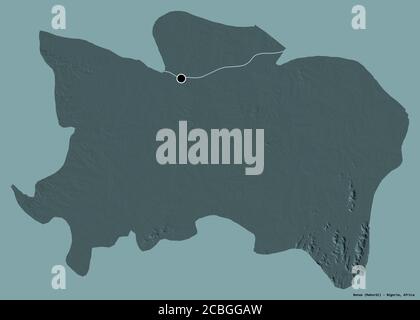 Shape of Benue, state of Nigeria, with its capital isolated on a solid color background. Colored elevation map. 3D rendering Stock Photo