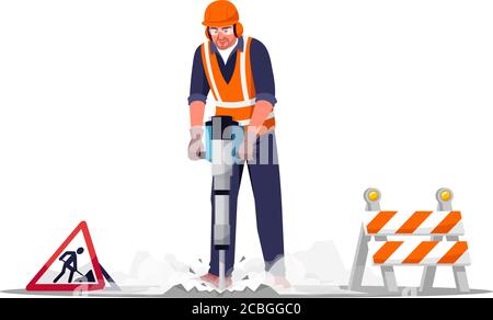 Road repair worker semi flat RGB color vector illustration Stock Vector