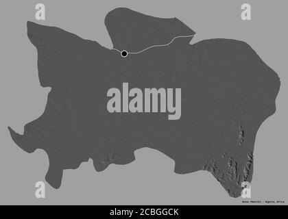 Shape of Benue, state of Nigeria, with its capital isolated on a solid color background. Bilevel elevation map. 3D rendering Stock Photo