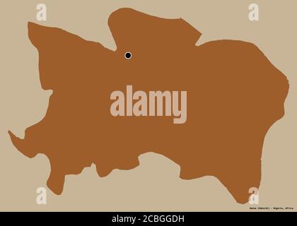 Shape of Benue, state of Nigeria, with its capital isolated on a solid color background. Composition of patterned textures. 3D rendering Stock Photo