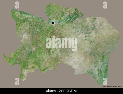 Shape of Benue, state of Nigeria, with its capital isolated on a solid color background. Satellite imagery. 3D rendering Stock Photo