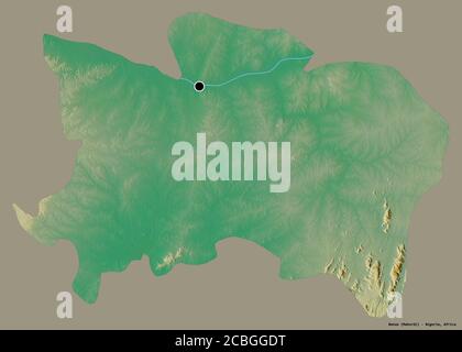 Shape of Benue, state of Nigeria, with its capital isolated on a solid color background. Topographic relief map. 3D rendering Stock Photo