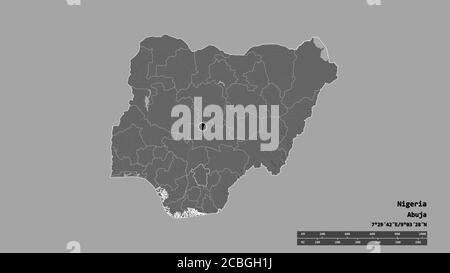 Desaturated shape of Nigeria with its capital, main regional division and the separated Enugu area. Labels. Bilevel elevation map. 3D rendering Stock Photo