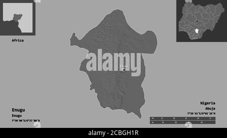 Shape of Enugu, state of Nigeria, and its capital. Distance scale, previews and labels. Bilevel elevation map. 3D rendering Stock Photo