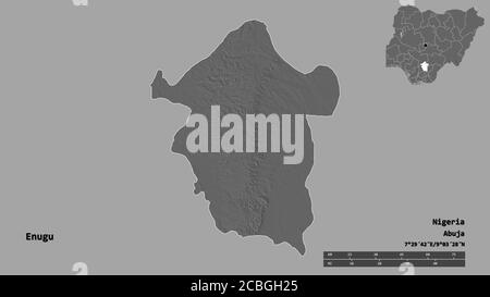 Shape of Enugu, state of Nigeria, with its capital isolated on solid background. Distance scale, region preview and labels. Bilevel elevation map. 3D Stock Photo
