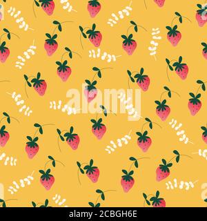Seamless pattern of coloured strawberries and branches, for wrapping paper, wallpaper, fabric pattern, backdrop, print, gift wrap, cover of notebook Stock Vector