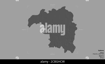 Area of Kaduna, state of Nigeria, isolated on a solid background in a georeferenced bounding box. Labels. Bilevel elevation map. 3D rendering Stock Photo