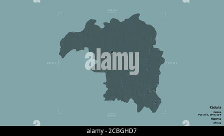 Area of Kaduna, state of Nigeria, isolated on a solid background in a georeferenced bounding box. Labels. Colored elevation map. 3D rendering Stock Photo