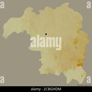 Shape of Kaduna, state of Nigeria, with its capital isolated on a solid color background. Topographic relief map. 3D rendering Stock Photo