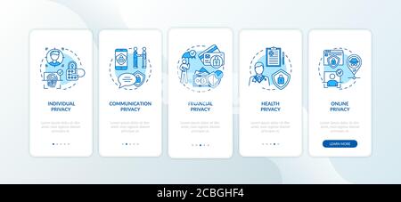 Privacy types onboarding mobile app page screen with concepts Stock Vector