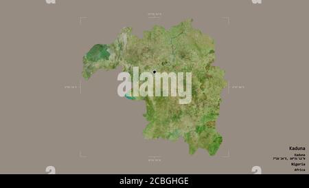 Area of Kaduna, state of Nigeria, isolated on a solid background in a georeferenced bounding box. Labels. Satellite imagery. 3D rendering Stock Photo