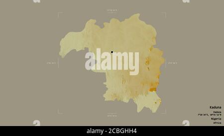 Area of Kaduna, state of Nigeria, isolated on a solid background in a georeferenced bounding box. Labels. Topographic relief map. 3D rendering Stock Photo