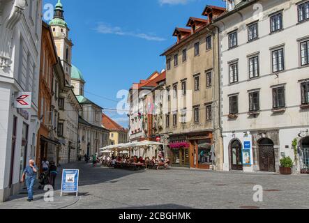Ljubljana, Slovenia - July 16th 2018: Mestni Trg, Ljubljana City Square beside the town hall, on a summers day, Slovenia Stock Photo