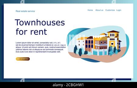 Web Design Landing Page Template. Real estate service concept. Houses for rent. Group of cotteges Stock Vector