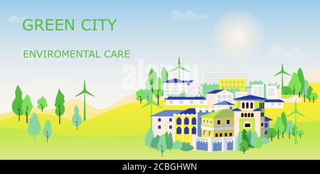 Landscape of eco friendly future town using green energy. Row of houses and trees, town view, for web site template. Design for environmental Stock Vector
