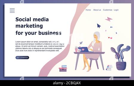 SMM website concept. Woman sitting at desk and working with laptop . Social media marketing for your business. Web Design Landing Page Template Stock Vector