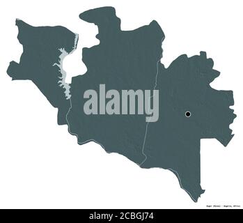 Shape of Niger, state of Nigeria, with its capital isolated on white background. Colored elevation map. 3D rendering Stock Photo