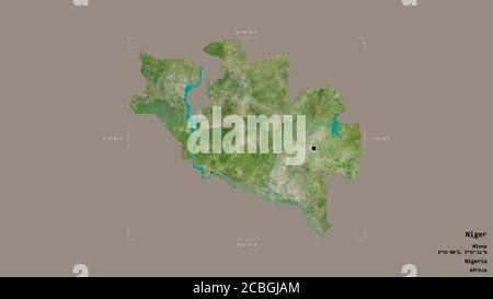 Area of Niger, state of Nigeria, isolated on a solid background in a georeferenced bounding box. Labels. Satellite imagery. 3D rendering Stock Photo