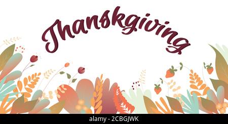Nature background in autumn coloures. Thanksgiving typography floral concept for website banner, presentation template, cover and card design Stock Vector