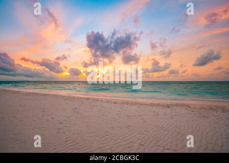 Sea sand sky concept, sunset colors clouds, horizon, horizontal background banner. Inspirational nature landscape, beautiful colors, wonderful scenery Stock Photo