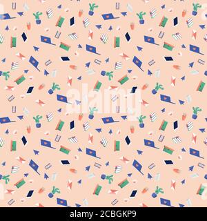 Seamless pattern of stationary items in bright neon coloures, for wrapping paper, wallpaper, fabric pattern, backdrop, print, gift wrap, cover of Stock Vector