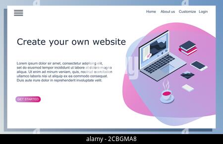 Web Design Landing Page Template. Create your own website. Isomertic vector illustration of workplace with laptop, phone, books, coffee. Freelance Stock Vector