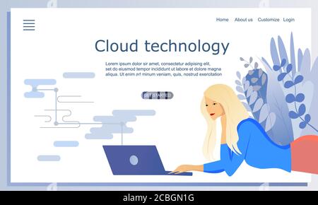 Concept of cloud technology, computer technology. Vector flat illustration. Pretty blond hair girl laying with a laptop. Template of landing page Stock Vector