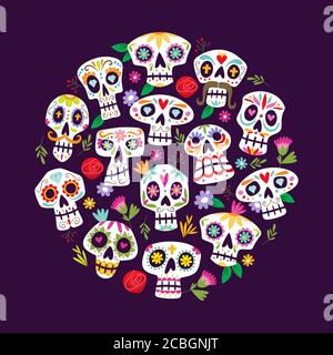 Colorful mexican skulls background. Cute 'Dia de muertos' card. Mexican day of the death. Round shape pattern, perfect for backgrounds and greeting ca Stock Vector