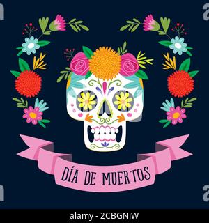 'Dia de los Muertos' (day of the dead) card with spanish text. Mexican sugar skull with floral decoration. Vector illustration. Stock Vector