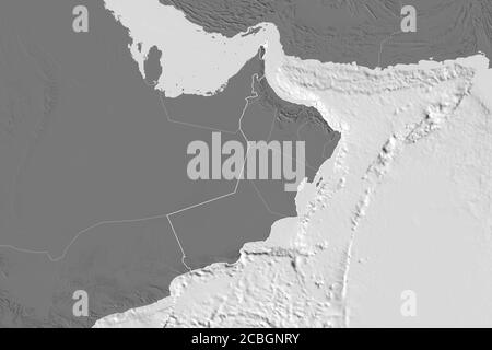 Extended area of Oman with country outline, international and regional borders. Bilevel elevation map. 3D rendering Stock Photo