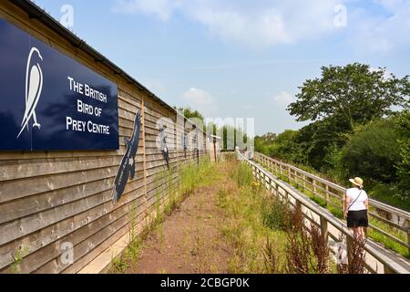 Carmarthen, Wales - August 2020: Person walking to the entrance to the British Bird of Prey Centre in the National Botanical Garden of Wales Stock Photo