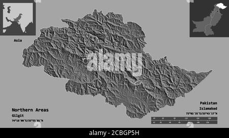 Shape of Northern Areas, centrally administered area of Pakistan, and its capital. Distance scale, previews and labels. Bilevel elevation map. 3D rend Stock Photo