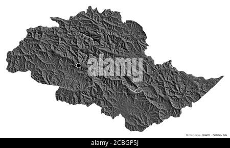 Shape of Northern Areas, centrally administered area of Pakistan, with its capital isolated on white background. Bilevel elevation map. 3D rendering Stock Photo